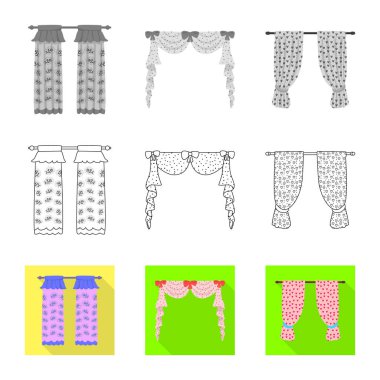 Perdelerin ve perdeler simgesinin izole nesne. Stok perdeler ve jaluzi vektör simgesi koleksiyonu.