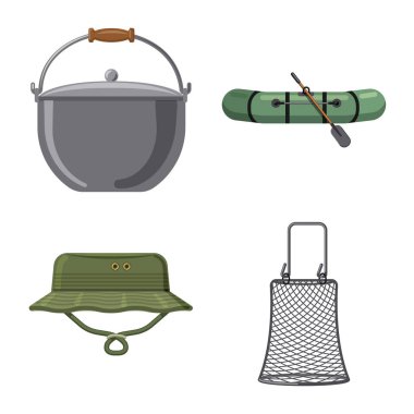 Balık ve balık tutma simgesi izole nesne. Web için balık ve ekipman hisse senedi simgesi kümesi.