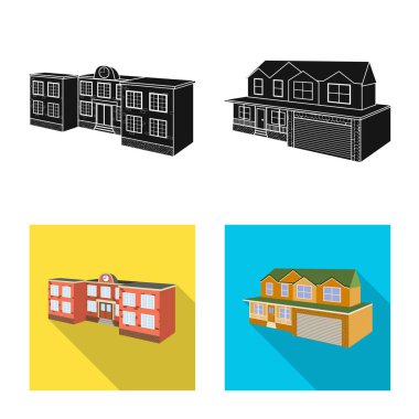 Cephe ve konut simge vektör tasarımı. Web için cephe ve altyapı hisse senedi simgesi kümesi.