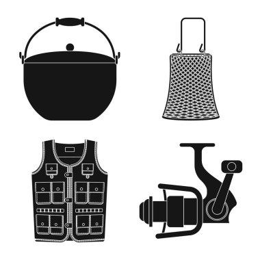 Balık ve balık tutma logo vektör tasarımı. Web için balık ve ekipman hisse senedi simgesi kümesi.