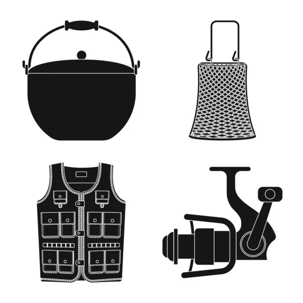 물고기와 낚시 로고의 벡터 디자인입니다. 웹에 대 한 물고기와 장비 주식 기호 집합. — 스톡 벡터