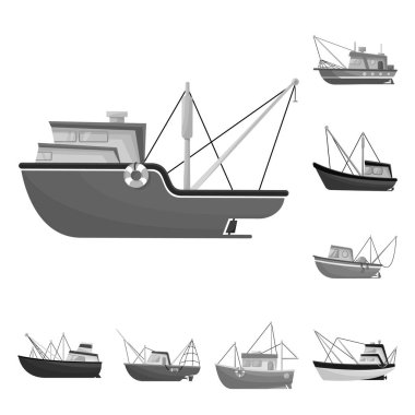 Deniz ve sürat teknesinin vektör tasarımı. Stok için deniz ve endüstriyel vektör simgesi kümesi.