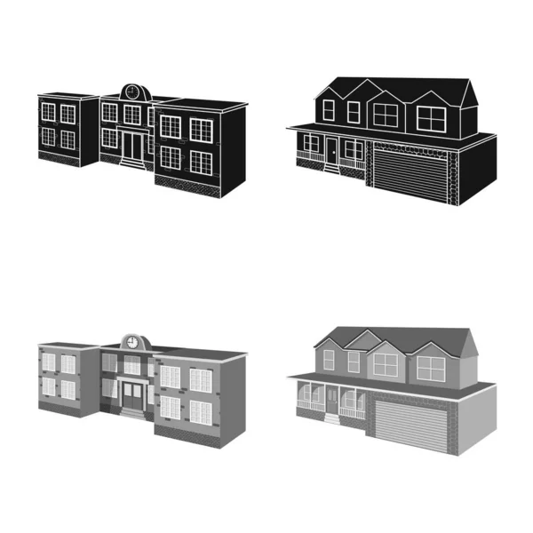 Vektorillustration der Fassade und des Wohnlogos. Sammlung von Fassaden- und Infrastruktur-Bestandsvektordarstellungen. — Stockvektor