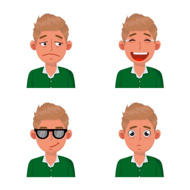 İzole edilmiş yüz ve erkek işareti. Yüz kümesi ve genç hisse senedi vektör çizimi.