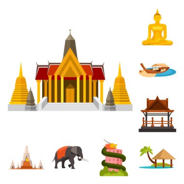 Tayland ve seyahat logosunun izole edilmiş bir nesnesi. Tayland ve kültür stok vektör illüstrasyonunun koleksiyonu.