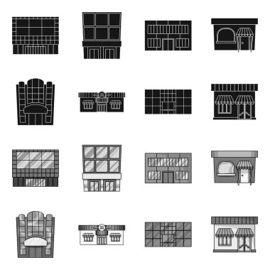 Süpermarket ve inşaat tabelasının izole edilmiş nesnesi. Stok için süpermarket ve yerel vektör simgesi koleksiyonu.