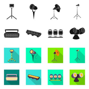 Işık ve tiyatro logosunun vektör tasarımı. Stok için ışık ve konser vektör simgesi koleksiyonu.