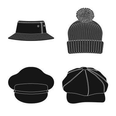 Şapkalar ve kap simge vektör tasarımı. Şapkalar ve hisse senedi için aksesuar vektör ikon koleksiyonu.