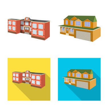 Cephe ve konut işaret illüstrasyon vektör. Web için cephe ve altyapı hisse senedi simgesi kümesi.