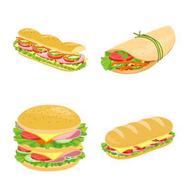 Sandviç ve fast food logosunun vektör çizimi. Sandviç ve öğle yemeği stoku temsili koleksiyonu.