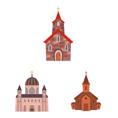 Dinin ve yapı işaretinin vektör tasarımı. Stok için din ve inanç vektör simgesi kümesi.