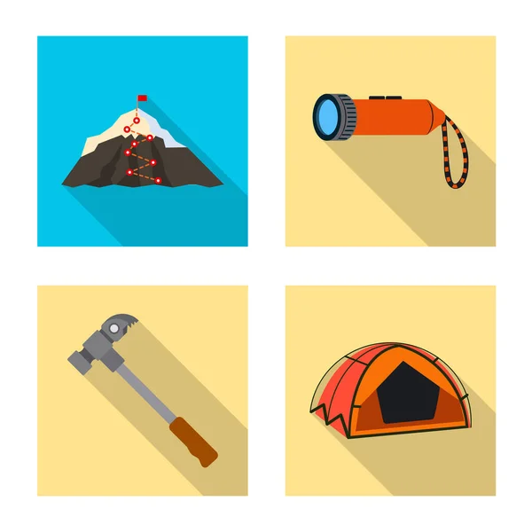 Isoliertes Objekt des Bergsteigens und Gipfellogo. Set von Bergsteigen und Camp-Vektor-Symbol für Lager. — Stockvektor