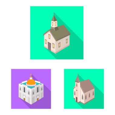 Tapınağın vektör illüstrasyonu ve tarihi sembol. Tapınak ve inanç stoku temsili koleksiyonu.