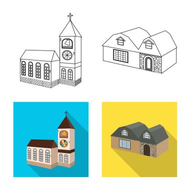 Cephe ve konut işaret illüstrasyon vektör. Web için cephe ve altyapı hisse senedi simgesi kümesi.