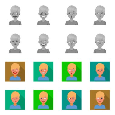 Yüz ve çocuk logosu izole nesne. Hisse senedi için yüz ve genç vektör simgesi kümesi.