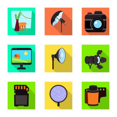Photoshoot ve iş logosu yalıtılmış nesne. Photoshoot ve hobiler stok vektör illüstrasyon koleksiyonu.