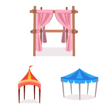 Tente ve barınak sembolü vektör illüstrasyon. Web için tente ve gölgelik stok sembolü koleksiyonu.