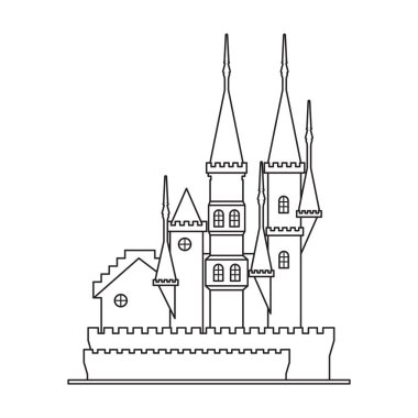 Ortaçağ kale vektör simgesi. Beyaz arka plan ortaçağ kalesinde hat vektör simgesi izole edildi.