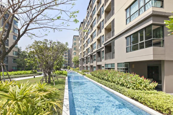 Swimming pool with modern building