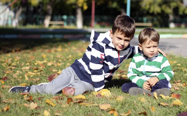 Brothers Sit Hugging Grass — Stock Photo, Image