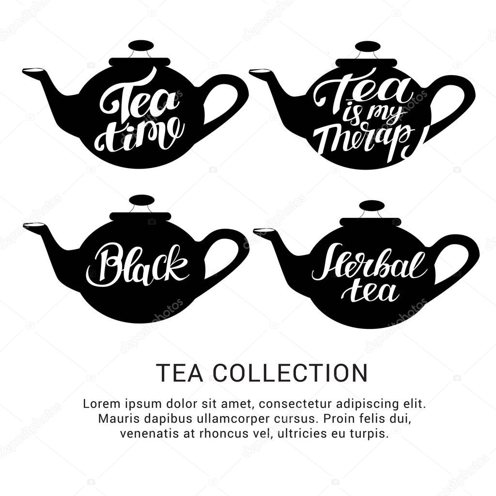 Set of teapots in doodle style. Hand drawn typography. Calligraphic design for poster, flyer, logo or blog.  Restaurant cafe menu, template design. Vector illustration on white background.