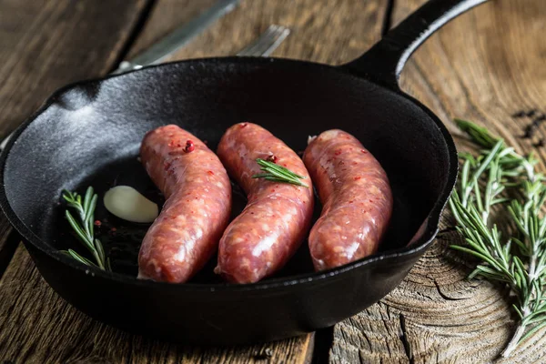 Roasting Sausages Pan Herbs Spices — Stock Photo, Image