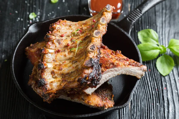 Costillas Cerdo Plancha Con Salsa Barbacoa —  Fotos de Stock