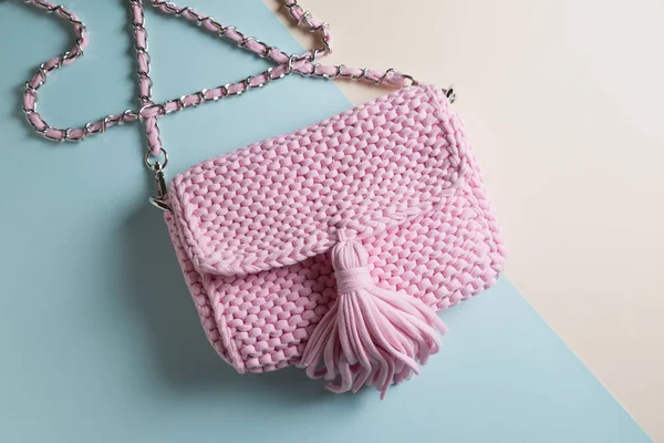 Handmade Knitted Bags Colored Background — Stock Photo, Image