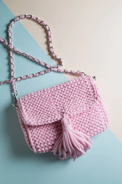 Handmade Knitted Bags Colored Background — Stock Photo, Image