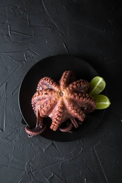 Pulpo Sobre Plato Sobre Fondo Oscuro — Foto de Stock