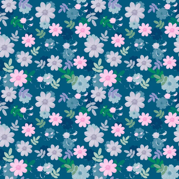 Nahtloses Muster Mit Blumen Auf Blauem Hintergrund Ein Florales Muster — Stockfoto
