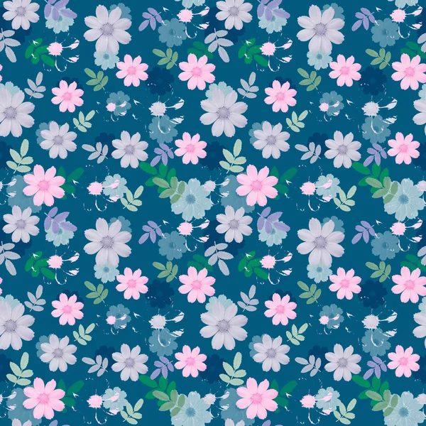 Seamless Pattern Flowers Blue Background Floral Pattern — Stock Photo, Image