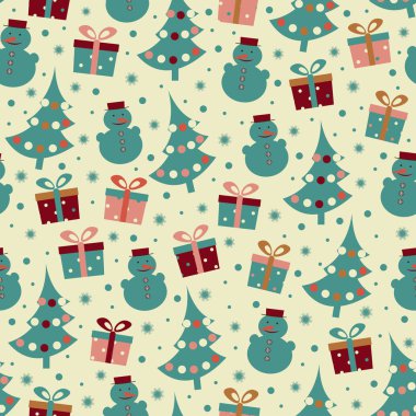 Dikişsiz Noel desen görüntü ile Noel ağaçları, kardan adam ve hediye kutuları.
