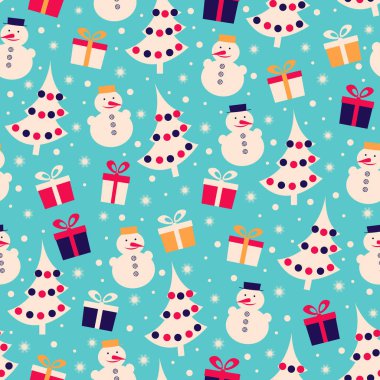 Dikişsiz Noel desen görüntü ile Noel ağaçları, kardan adam ve hediye kutuları.