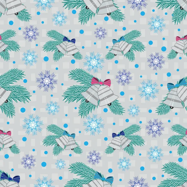 Naadloze Kerst Patroon Met Afbeelding Van Spar Takken Klokken Sneeuwvlokken — Stockvector