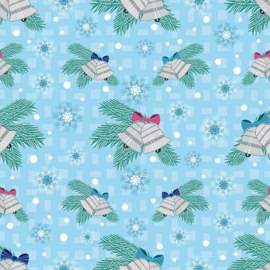 Çam dalları, çan ve kar taneleri görüntü ile Seamless Noel modeli