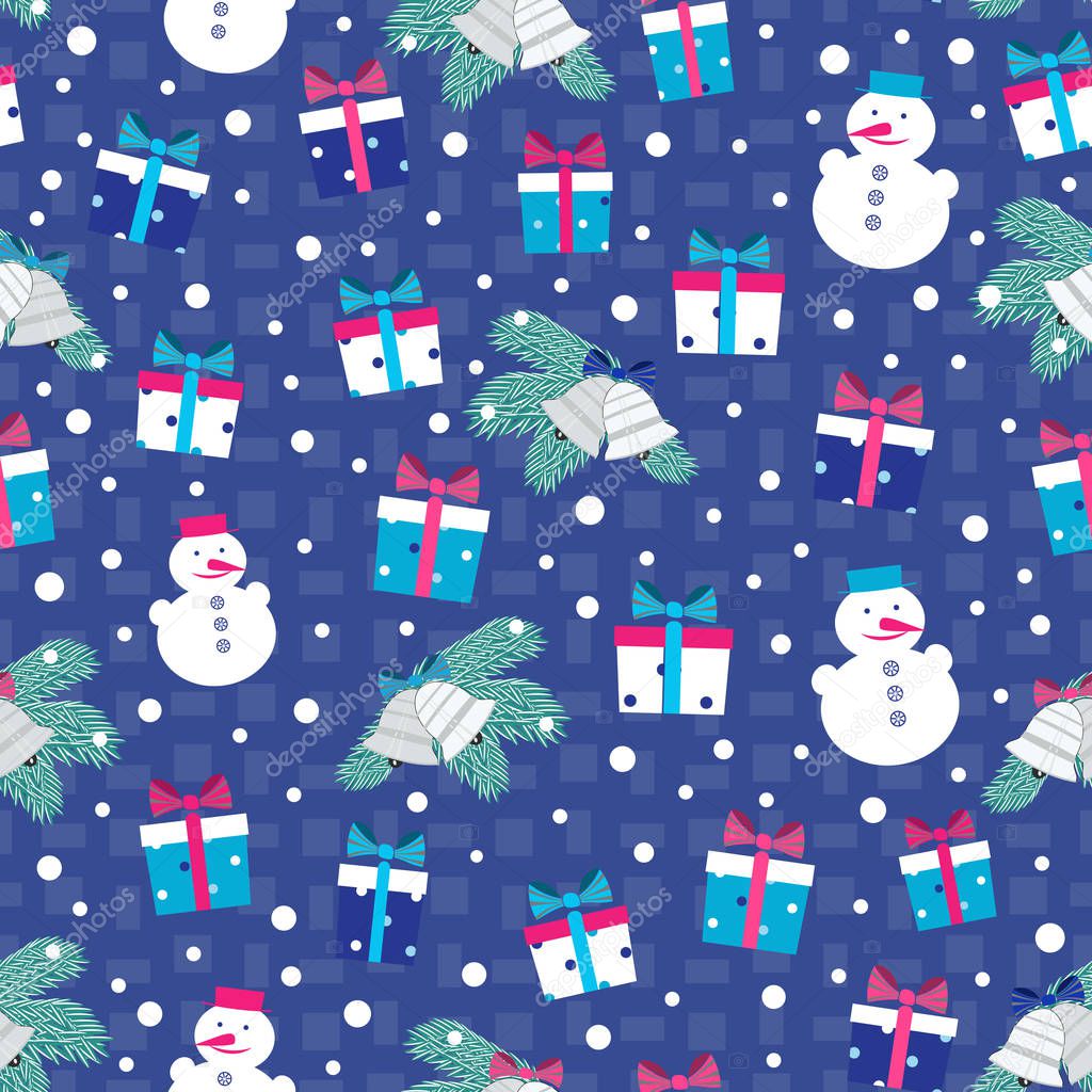 Seamless Christmas pattern with the image of fir branches, bells, snowmen and gift boxes.