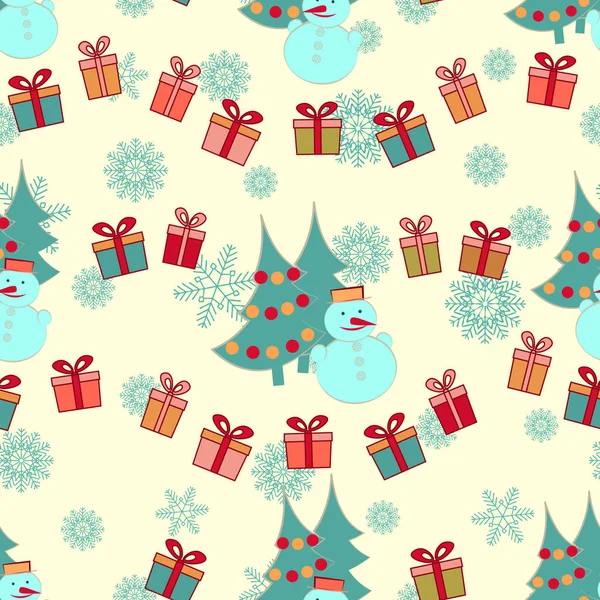 Nahtloses Weihnachtsmuster Mit Dem Bild Von Weihnachtsbäumen Schneemännern Und Geschenkschachteln — Stockvektor