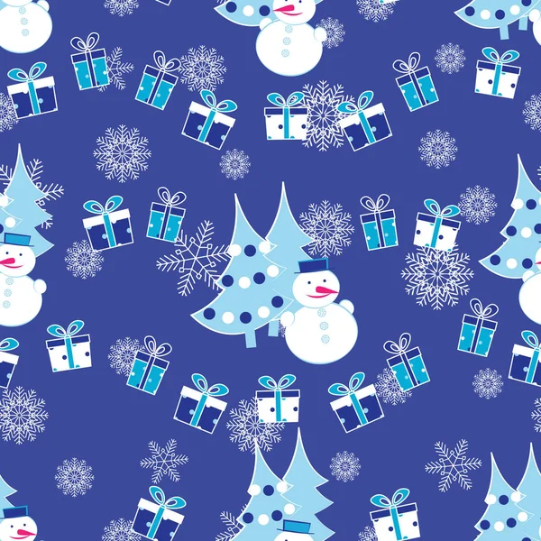 Nahtloses Weihnachtsmuster Mit Dem Bild Von Weihnachtsbäumen Schneemännern Und Geschenkschachteln — Stockvektor