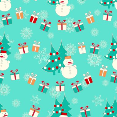 Dikişsiz Noel desen görüntü ile Noel ağaçları, kardan adam ve hediye kutuları.