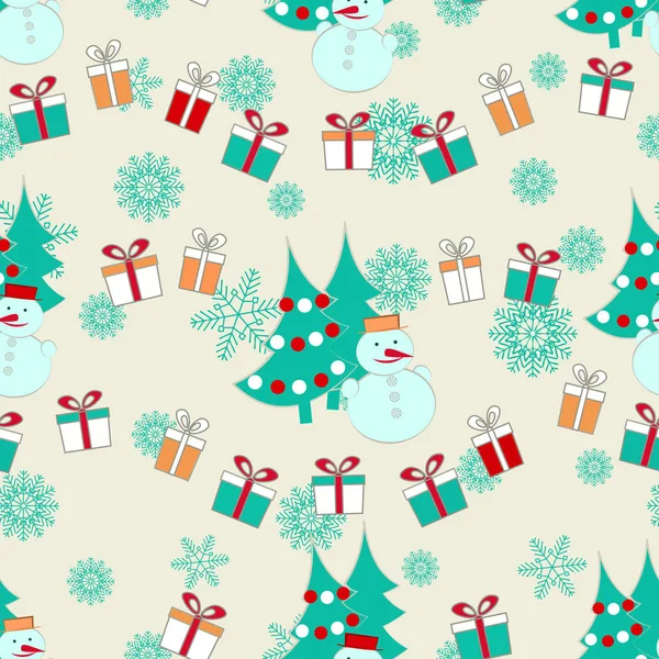 Безшовний Різдвяний Візерунок Зображенням Ялинки Сніговиків Подарункових Коробок — стоковий вектор