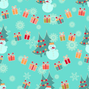 Dikişsiz Noel desen görüntü ile Noel ağaçları, kardan adam ve hediye kutuları.