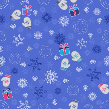 Kar taneleri, mittens ve hediye kutuları bir deseni ile Seamless Noel modeli.