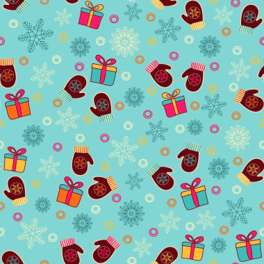 Kar taneleri, mittens ve hediye kutuları bir deseni ile Seamless Noel modeli.
