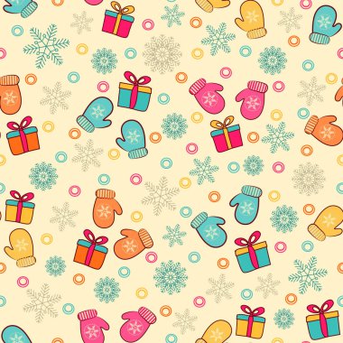 Kar taneleri, mittens ve hediye kutuları bir deseni ile Seamless Noel modeli.