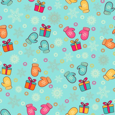 Kar taneleri, mittens ve hediye kutuları bir deseni ile Seamless Noel modeli.