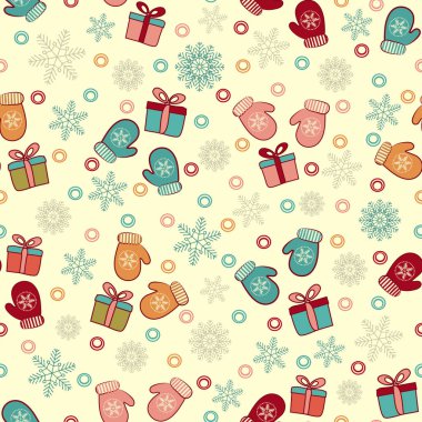 Kar taneleri, mittens ve hediye kutuları bir deseni ile Seamless Noel modeli.