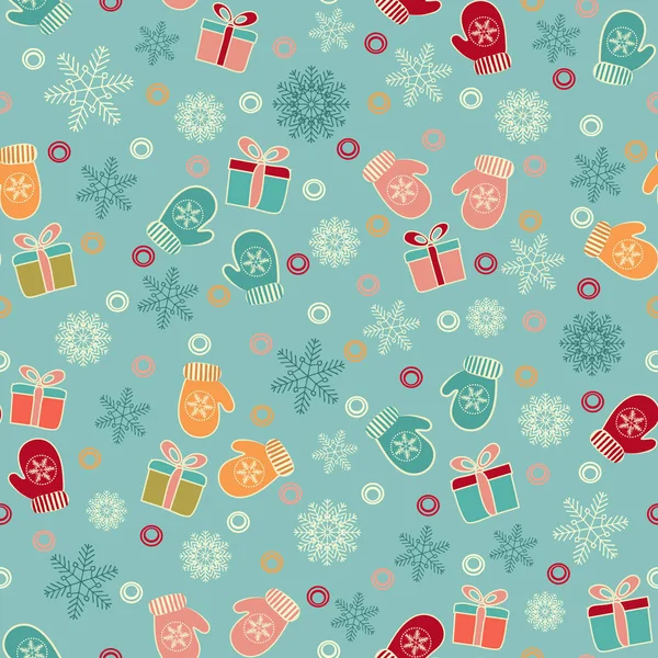 Naadloze Kerst Patroon Met Een Patroon Van Sneeuwvlokken Wanten Geschenkverpakkingen — Stockvector