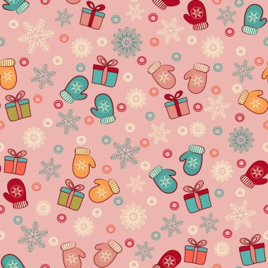 Kar taneleri, mittens ve hediye kutuları bir deseni ile Seamless Noel modeli.