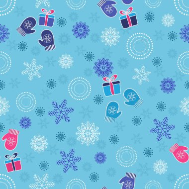 Kar taneleri, mittens ve hediye kutuları bir deseni ile Seamless Noel modeli.